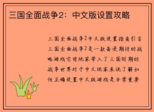 三国全面战争2：中文版设置攻略