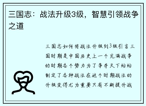 三国志：战法升级3级，智慧引领战争之道