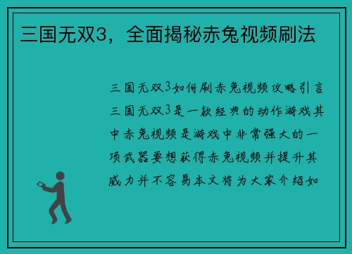 三国无双3，全面揭秘赤兔视频刷法