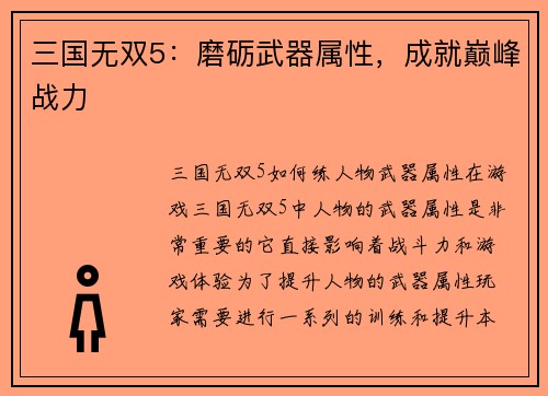 三国无双5：磨砺武器属性，成就巅峰战力